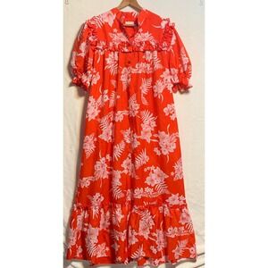 VTG Made in Hawaii Orange Floral Maxi Muumuu Dress Size 18 Ruffled Aloha Resort